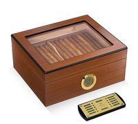Slege Cave à Cigares Artisanale, Cave Cigare,Hygromètre Numérique,Haut Transparent Boîte à Cigare Cèdre Espagnol,avec Séparateur,Humidificateur,Cadeaux pour Hommes Humidor,Français Manuel