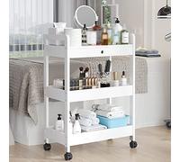 SLGGPJBU Chariot de salon utilitaire roulant avec roulettes en bois, 3 étagères avec tiroir, chariot de rangement pour salle de bain, cuisine, blanc