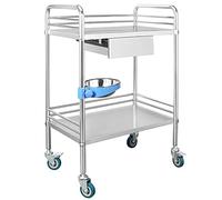 SLGGPJBU Chariot de service, chariot utilitaire à roulettes en acier inoxydable, 2 niveaux avec tiroir, chariot de service utilitaire, chariot de service amovible, chariot de rangement avec roues
