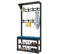 SLGGPJBU Portant à vêtements en métal - Banc à chaussures - Design 3 en 1 avec crochets - Étagères - Rangement pour entrée, vestibule, couloir