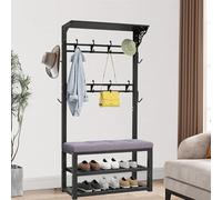 SLGGPJBU Portemanteau avec étagères à chaussures à 2 niveaux, porte-manteau en métal avec banc à chaussures et étagère, arbre de couloir autoportant avec crochets, facile à assembler pour entrée,