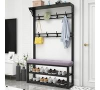 SLGGPJBU Portemanteau d'entrée industriel moderne en métal avec banc à chaussures 8 crochets et étagère à chaussures à 2 niveaux, arbre d'entrée 4 en 1 pour couloir, salon, facile à assembler