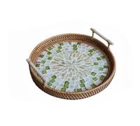 SLHEQING Plateau de service en rotin avec poignées - Plateau décoratif rond en osier tissé à la main - Pour petit déjeuner, boissons, collations, desserts, pain, bougies, fruits (blanc, 28 cm de