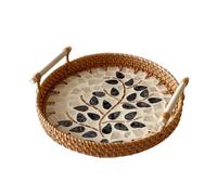 SLHEQING Plateau de service en rotin avec poignées, tissé à la main, rond, pour le petit déjeuner, les boissons, les collations, les desserts, le pain, les bougies, les fruits