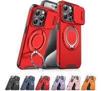 Slide Camera Protection Magnetic Stand Phone Case for iPhone 17/16/15/14/13/12/11 Pro Max, Phone Case with Privacy Camera Cover and 360° Rotating Stand,Built-In Magnetic Ring (iPhone12 Pro Max,Red)