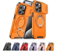 Slide Camera Protection Magnetic Stand Phone Case for iPhone 17/16/15/14/13/12/11 Pro Max, Phone Case with Privacy Camera Cover and 360° Rotating Stand,Built-In Magnetic Ring (iPhone15 Pro,Orange)