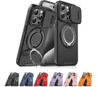 Slide Camera Protection Magnetic Stand Phone Case for iPhone 17/16/15/14/13/12/11 Pro Max, Phone Case with Privacy Camera Cover and 360° Rotating Stand,Built-In Magnetic Ring (iPhone15 Pro Max,Black)