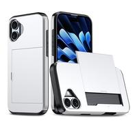 Slide Card Case Coque pour iPhone 16 avec fente pour carte de crédit, cadre surélevé, double couche d'absorption des chocs, pare-chocs solide argenté