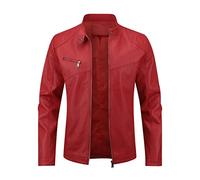 Sliktaa Hommes Blouson en Similicuir Écologique d'hiver avec Un Col Montant Haut de Transition Matelassee Moto Pilote Zippé Fermeture Eclair Casual Veste en Cuir Cool Classique #PY08 Rouge 3XL