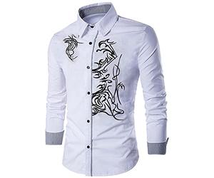 Slim T-Shirt Turn-Down Top Blouse Casual Print Men Collor Sleeve Long Men Shirts Tee Hommes