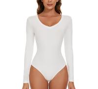 SLIMBELLE Body Femme Manches Longue Élégant Body Tops Body String à Col en V Slim Body Manche Longue Femme Sexy Jumpsuit