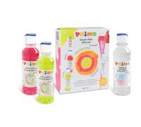 PRIMO - Colle Liquide Transparente Colorée Idéale pour Slime enfants, 2 Colles Fluorescentes 240 ml avec Doseur + Activateur 240 ml, Set Valisette Papeterie pour Travaux Créatifs et Découpage
