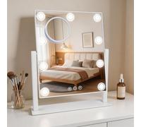SLIMOON Miroir de maquillage éclairé, miroir de courtoisie Hollywood de 35,6 x 30,5 cm avec 9 ampoules LED, 3 lumières de couleur, miroir grossissant x10 amovible, rechargeable 1200 mAh, contrôle