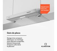Klarstein SlimVent Hotte Aspirante, 60 cm Hotte de Cuisine Gain de Place, 200 m³/h, Énergie A+, Silencieuse 52 dB, LED, Filtre à Charbon, Hotte à Tiroir, Argent