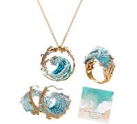 Slipasikao Ensemble de bijoux Ocean's Oath, collier, bagues, boucles d'oreilles en forme de vague bleue, argent S925, zircone cubique, bijoux de plage océan, cadeau de bijoux inspirants pour femmes