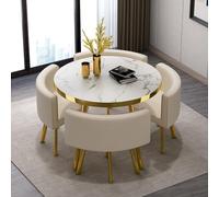 Slish Table à manger ronde moderne pour 4 et 5 pièces avec dessus en imitation marbre et 4 chaises en cuir synthétique pour petits appartements 90 x 90 x 75 cm