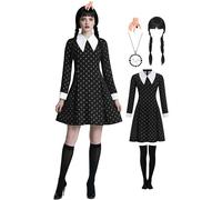 Slivomi SV055M Robe gothique pour femme avec accessoires, perruque et collier pour déguisement de Mercredi Addams Noir