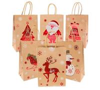 SLJYM Lot de 6 sacs en papier kraft réutilisables Motif Père Noël, élan, cloche, bonhomme de neige
