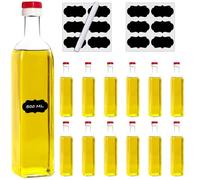 slkfactory MAR Lot de 12 bouteilles en verre vides de 500 ml avec bouchon d'huile rouge et étiquettes à remplir soi-même, bouteilles de liqueur, vinaigre, huile (12 x 500 ml)
