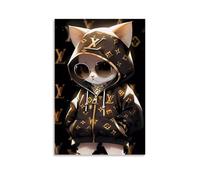 SLKJYX Poster graffiti de chat blanc avec lunettes de soleil dorées et veste Louis Vuitton - Art mural décoratif moderne à suspendre - 60 x 90 cm