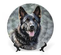 SLKMHFT Assiette décorative en porcelaine anglaise de 17,8 cm avec présentoir motif chien de berger allemand noir - Assiettes décoratives pour la maison à suspendre
