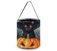 SLKMHFT Sac à bonbons pliable d'Halloween avec motif chat noir sorcière imprimé seau à bonbons réutilisable avec poignées pour fête d'Halloween, fête de Noël, imprimé chat noir sorcière, Imprimé chat