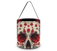 SLKMHFT Sac fourre-tout pliable pour Halloween, motif squelette de rose rouge, panier à bonbons réutilisable avec poignées pour fête d'Halloween, fête de Noël, squelette de rose rouge, 20 x 20 x 21