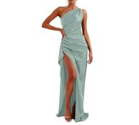 Sllowwa Robe de demoiselle d'honneur en satin à une épaule pour femme, longue robe de bal à fente haute 2025, vert menthe, M