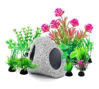 SLOCME Ensemble de 10 pièces de roches et de plantes pour aquarium & Grotte - Plantes d'aquarium en plastique colorées, décorations pour aquarium, abris en céramique pour la reproduction des poissons