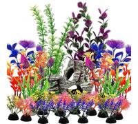 SLOCME Ensemble de 25 pièces de plantes d’aquarium et de décorations de grotte en roche - Ornements colorés en plastique pour aquarium avec cachette en roche en résine, accessoires de décoration d