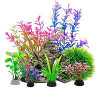 SLOCME Lot de 8 plantes d'aquarium et grotte rocheuse - Décorations artificielles colorées en plastique pour Betta, poissons rouges, aquariums d'eau douce et d'eau salée, design réaliste