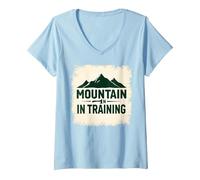 Slogan Mountain Man in Training Dude Outdoor Adventure T-Shirt avec Col en V, Femme, Bleu Céleste, L