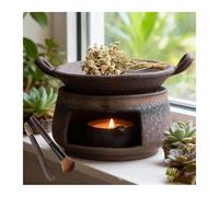 sloiaz Brûleur d'huiles essentielles en céramique for aromathérapie, Chauffe-Cire en céramique Fait Main avec Porte-Bougie Chauffe-Plat, brûleur d'aromathérapie en cèdre et Zen(Style C)