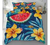 Slojtdd Housse de Couette 140x200 Pastèque Fleur d'hibiscus, Parure de Lit Enfant Fruit Floral Tropical, Linge de Lit 1 Personne en Microfibre, Housse Couette Réversible, avec Fermeture Éclair
