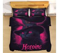 Slojtdd Housse de Couette Chat Chapeau De Sorcière Adulte 1 Personne avec Taie Oreillers, Parure de Lit 90x190 Chaton d'halloween Aquarelle Microfibre, Parure de Lit 3 Pièces avec Fermeture Éclair