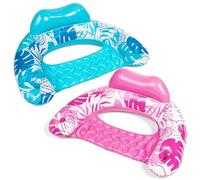 SLOOSH Bouées Gonflables pour Adultes, Lot de 2 Chaises de Piscine avec Porte-Gobelets, Chaise Flottante Gonflable, Motif Feuilles pour Détente, Estival, Fête Piscine Plage, Bleu, Rose