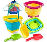 Sloosh Lot de 3 seaux Pliables avec 3 pelles, Seau à Sable et à Eau, bac à Sable carré, fête d'été, Seau Pliable en Silicone, Jouets de Plage et de Voyage pour Enfants (Jaune/Bleu/Vert)