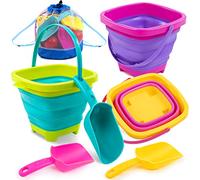 Sloosh Lot de 3 seaux Pliables avec 3 pelles, Seau à Sable et à Eau, bac à Sable carré, fête d'été, Seau Pliable en Silicone, Jouets de Plage et de Voyage pour Enfants (Rose/Violet/Vert)