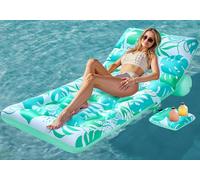 SLOOSH Matelas Gonflable pour Adultes, Transat de Piscine à Motif Feuilles Tropicales avec Dossier Réglable et Porte-Gobelets, Bouée Flottante pour Bronzage, Chaise Flottante pour Piscine (Cyan)