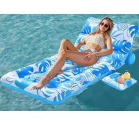 SLOOSH Matelas Gonflable pour Adultes, Transat de Piscine à Motif Feuilles Tropicales avec Dossier Réglable et Porte-Gobelets, Bouée Flottante pour Bronzage, Chaise Flottante pour Piscine (Bleu)