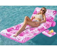 SLOOSH Matelas Gonflable pour Adultes, Transat de Piscine à Motif Feuilles Tropicales avec Dossier Réglable et Porte-Gobelets, Bouée Flottante pour Bronzage, Chaise Flottante pour Piscine (Rose)