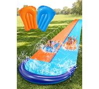 Sloosh Toboggans à eau doubles de 9,9 m, toboggan de pelouse robuste avec arroseur et 2 planches gonflables pour jardin, cour, pelouse, été, jouet aquatique d'extérieur pour enfants et adultes