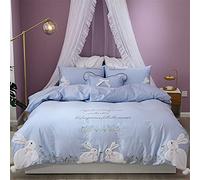 SLOPSS 60S Long-Staple Rabbit Appliqué Embroidered Four-Piece Girl Heart Hair Quilt Cover Pure Cotton Bedding (Color Green Size : (Blue 1.8m)