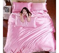 SLOPSS Bedding Set Double-Sided Quilt Cover Summer Pure Color Ice Four-Piece Tencel Silk Satin Double 1.8m 2.0-Pink_150x200cm