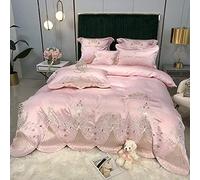 SLOPSS Bedding Set Floral Silk Cotton Duvet Covers Sets Quilt Cover Flat Sheet Soft Silky Luxury Satin Embroidery (Color Red Size : Double) (Pink Full)