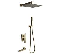 SLOPSS Brushed Gold Shower System with Tub Spout, Bathroom 3 Function Shower Faucet Set Contain Rain Shower Head and Handheld, Wall Mounted Shower Trim Kit,12 inches.12 inches-A