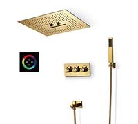 SLOPSS Classic 64 Color LED Gold Shower Combo Set Plafond Plafond monté de Salle de Bain Pièce de Douche de Salle de Bain avec Pomme de Douche 16 Pouces, Douche à Main, Robinet de Baignoire, contrôle