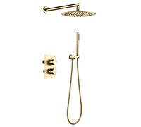 SLOPSS Contrôle thermostatique Mural Valve de mélange de soupape brossé Gold Gold Shower Taps Ensemble avec Une Piste de Douche pluviométrique Ronde de 8 à 12 Pouces Une Douche à Main, Un Ensemble de