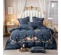 SLOPSS Double Bedding Set Grey Duvet Covers Quilt Cover Flat Sheet Pillowcases 4pcs Cotton King Size Twin Embroidery Swan (Blue Queen)