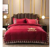 SLOPSS Double Grey Bedding 4 Piece Bed Sheet Lace Winter Soft Warm Smooth Flannel Duvet Set Quilt Cover Twin King Size (Red Queen)
